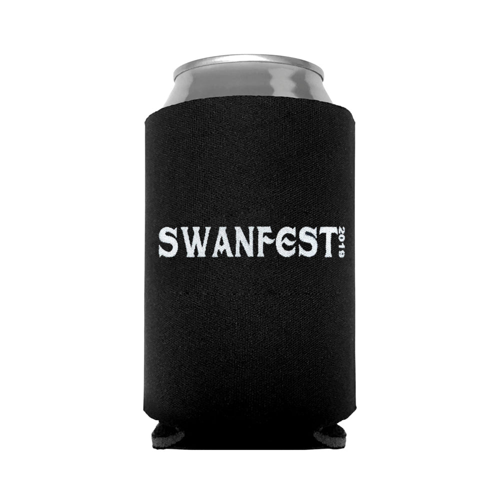 image of a black drink koozie with a can inside.on a white background. the koozie has white print across that says swanfest 2019